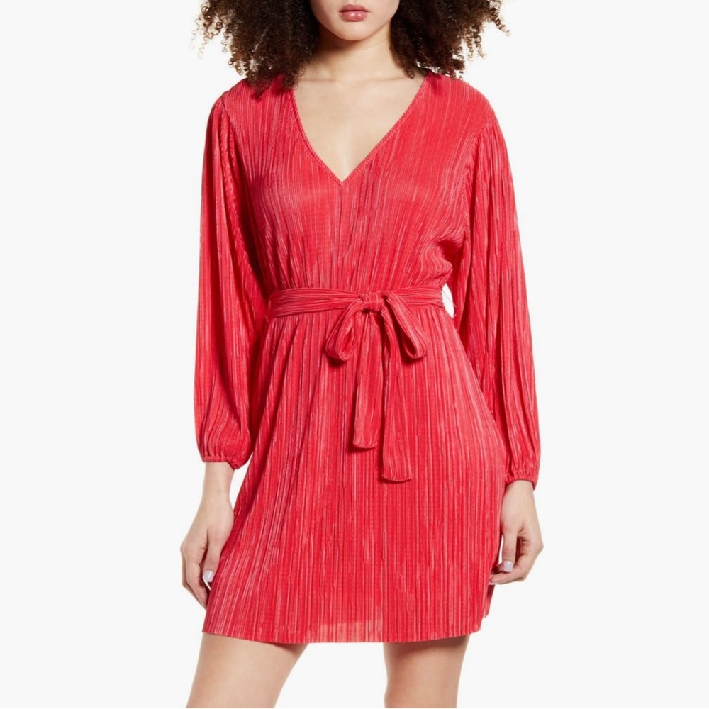 Leith tie waist long sleeve minidress - hot pink - size small